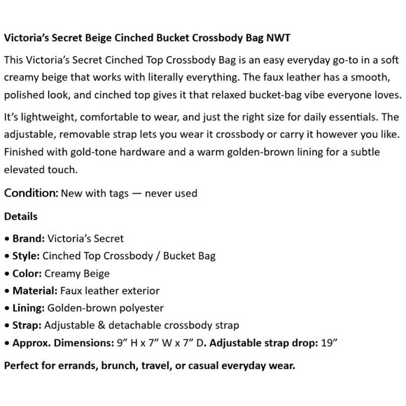 Victoria’s Secret Beige Cinched Bucket Crossbody Bag NWT - Picture 2 of 9